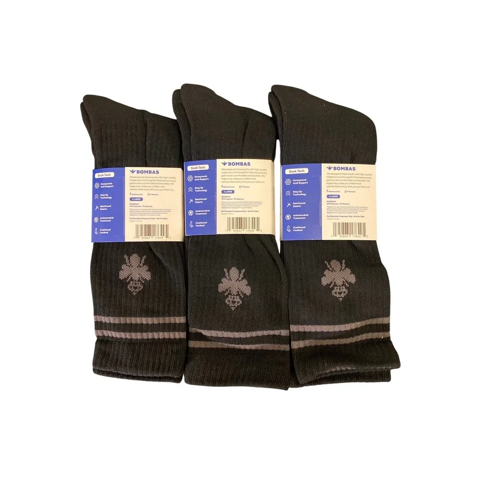 Bombas Mens Crew Socks 3 Pairs Black Grey Striped Honeycomb Arch Support XL NEW